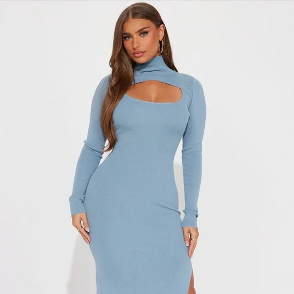 ~Allison Slate Blue Sweater Dress W/ Bolero Neckline, Front Cutout & Side Split~ - Picture 1 of 11